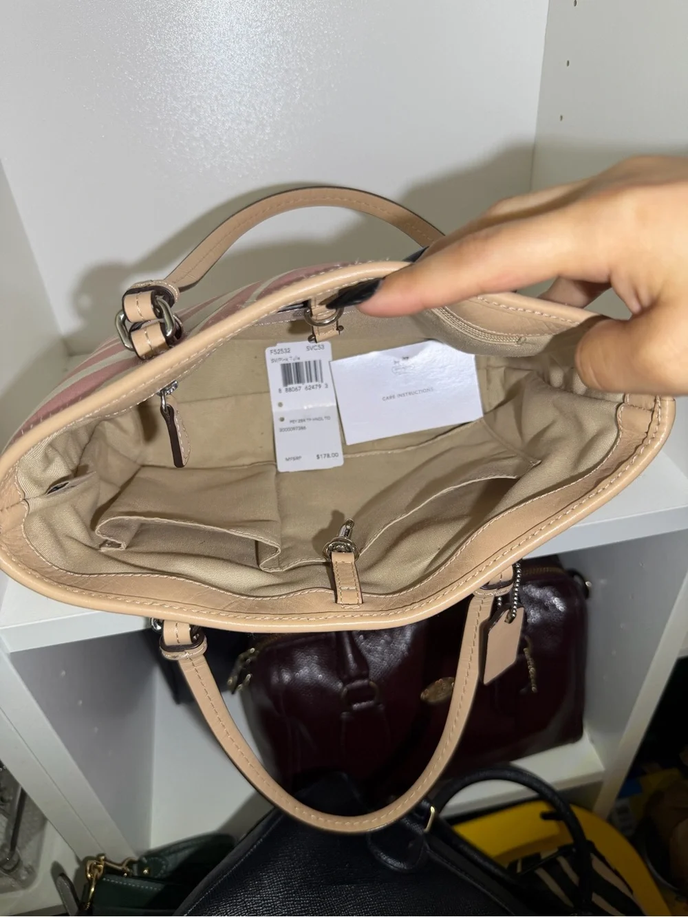 Coach Pink and White Zebra-Print Canvas Mini Tote with Tan Leather Trim - Picture 4 of 7